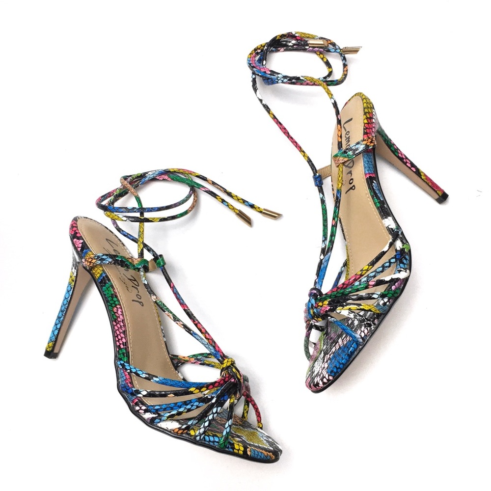 Rainbow Snake Print Ankle Wrap Strappy Heels NEW